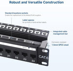 Cable Matters Cat6 UTP rackmount panel demonstrating proper cable routing and organizational spacing.
