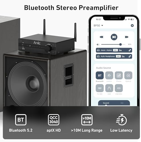 Arylic BP50 wireless audio transmitter being adjusted with the GO Control mobile app interface