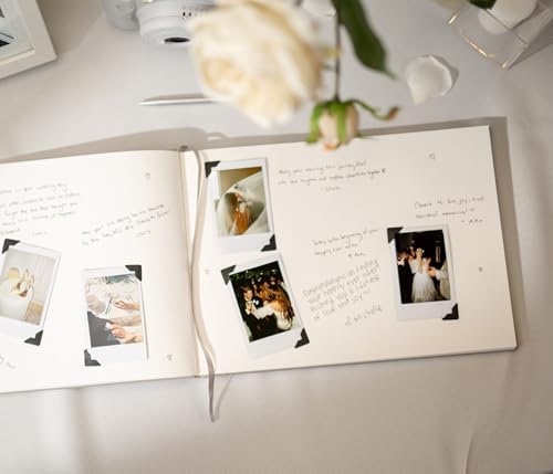 Angle view of cream personalized guest book for special events
