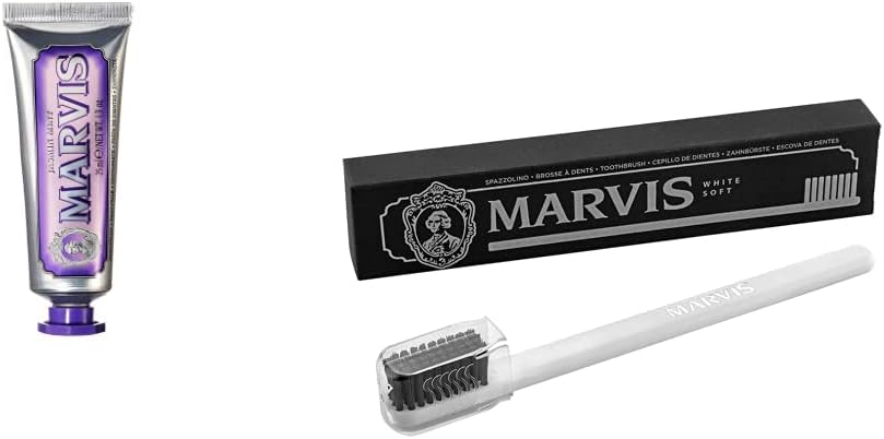 Marvis Jasmin Mint Toothpaste and Soft Toothbrush travel set front view premium oral care kit