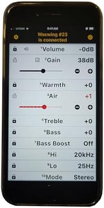 Waxwing smartphone application interface for remote turntable audio adjustment