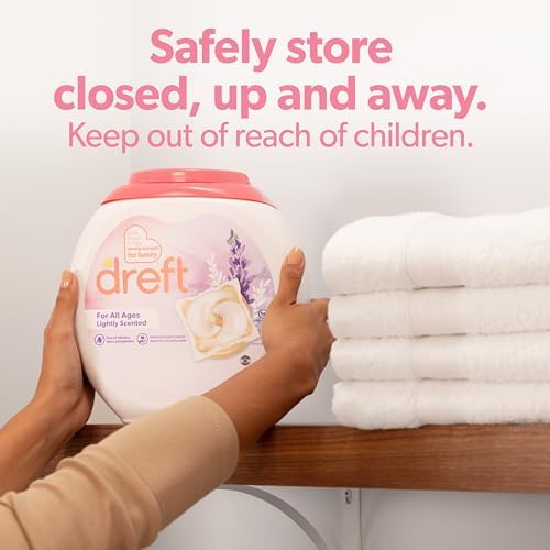 Dreft baby laundry detergent packaging showing the forty five count quantity and stain fighting benefits