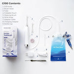 Side view of the ergonomic white handle of the Bluereo G100 sonic toothbrush highlighting the dual mode operations.