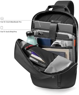 Tomtoc crossbody daypack showing open main compartment with padded laptop sleeve for fourteen-inch MacBook Pro