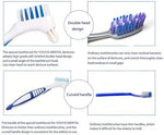 Ergonomic anti slip rubber handle detail on a premium denture care brush