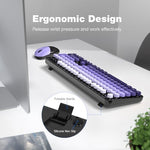 Cute wireless mouse and matching purple gradient mechanical style keyboard set close up view