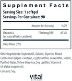 Vital Nutrients Natural Beta Carotene supplement facts label showing antioxidant ingredients