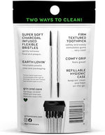 Dual action interdental pick showcasing soft charcoal bristles and textured toothpick end