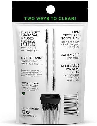 Dual action interdental pick showcasing soft charcoal bristles and textured toothpick end