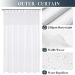 Close-up of the mesh top window on the white hotel style shower curtain.