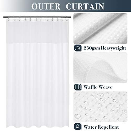 Close-up of the mesh top window on the white hotel style shower curtain.
