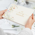 Hunanyume memorial guest book set with gold pen and table sign.