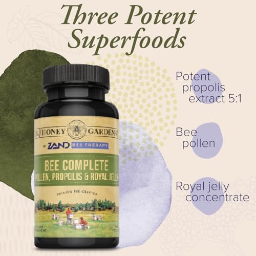 ZAND bee pollen propolis and royal jelly capsules poured next to the bottle