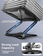 LOXP dual axis metal computer stand adjusted to its maximum height setting next to an external keyboard
