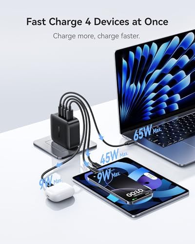 Side perspective of the black Baseus 140 Watt Power Delivery electronic charger accessory
