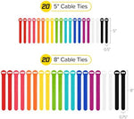 Two different sizes of Wrap-It Storage self-fastening cable ties laid out on an office desktop.