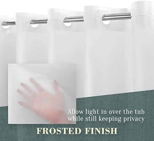 Full length view of the translucent frosted plastic shower curtain in a modern bathroom