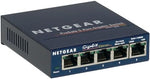 Netgear five port gigabit networking hub compact wall mount orientation view.