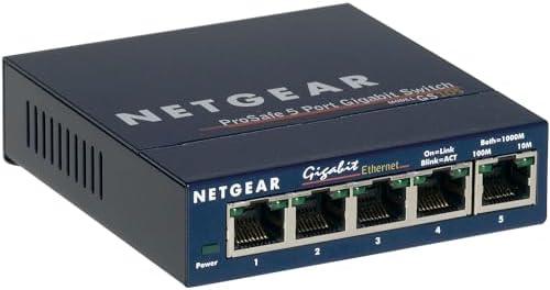 Netgear five port gigabit networking hub compact wall mount orientation view.