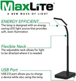 Close up angle of the compact base on the MaxLite electronic work light showing the built in USB charging port and touch switch.