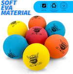 Two inch soft foam floor hockey balls in red blue yellow and orange colors for toddler play.