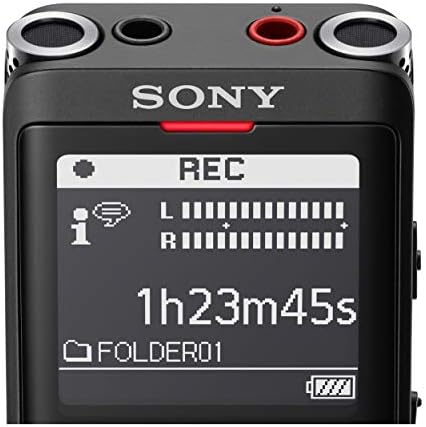 Sony black slim design electronic voice recorder positioned flat on a clean surface