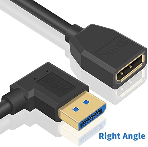 Close up view of the 90 degree angled male to female DisplayPort extension cable connector tip.