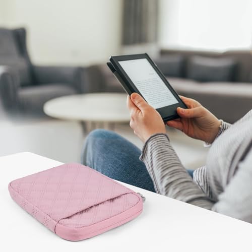 Pink compact e-reader sleeve easily sliding into a daily travel backpack