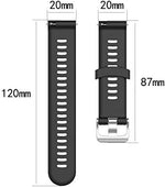 QGHXO replacement strap showing how the twenty millimeter band aligns perfectly with sports smartwatches.