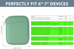 TiMOVO green tablet pouch with front storage pocket open revealing charging cables and earphones organized inside