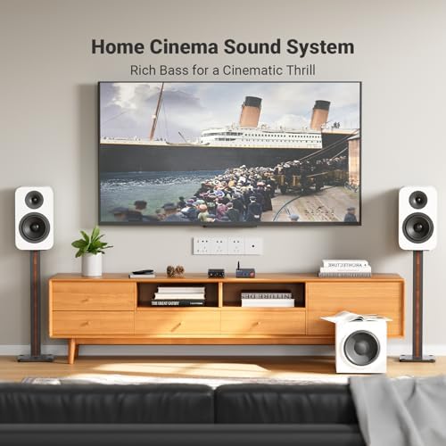Fosi Audio M04 mini home theater amplifier highlighting the SUB and PBTL mode selection switch.
