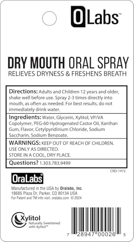 Olabs mint flavored dry mouth mist highlighting ingredients list.