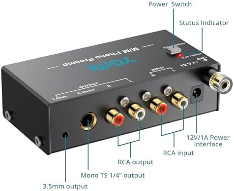 Compact YGiTK moving magnet phono preamp top angle view showing the metal casing.