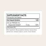 Side label view of Thorne absorbable zinc supplement indicating supplement facts and vegetarian capsule ingredients.