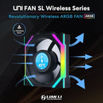 Lian Li wireless 120mm PC fan showing the interlocking daisy chain mechanism and modular contact points.