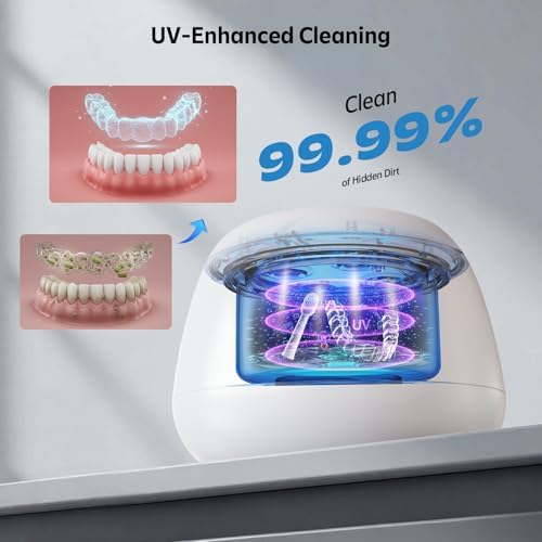 Clelifove portable denture cleaning machine resting on a bathroom counter.
