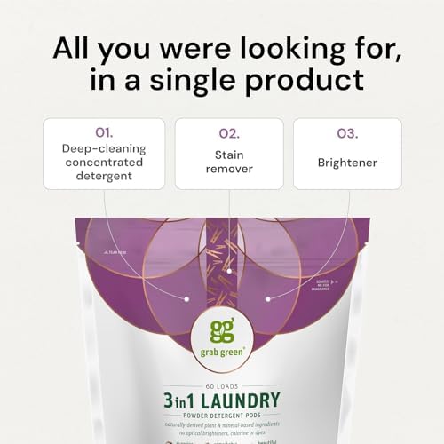 Grab Green non-toxic plant-based detergent pods with essential oils for sensitive skin.