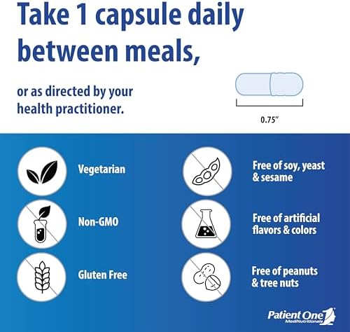 Patient One Pycnogenol 30 vegetable capsules container showing allergen-free manufacturing seals.