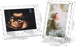 Side profile of the transparent double sided Mlatnod baby scan picture frame with its sturdy acrylic stand.
