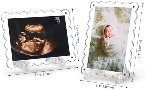 Side profile of the transparent double sided Mlatnod baby scan picture frame with its sturdy acrylic stand.