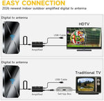 NewFoot smart television antenna placed flat on a living room desktop next to an entertainment center.