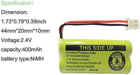 Rechargeable Nickel Metal Hydride landline telephone battery showing technical specifications label