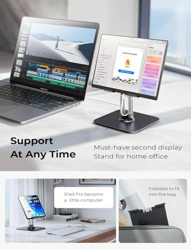 Ergonomic iPad stand holding a large tablet in landscape orientation