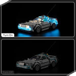 Side profile of Lego 77256 car with blue and white LED light upgrades