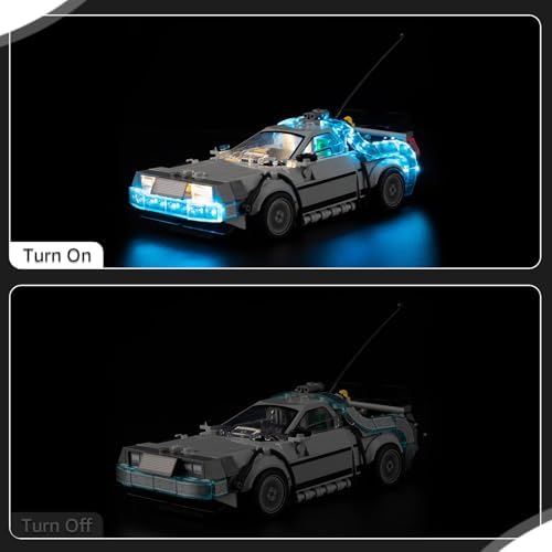 Side profile of Lego 77256 car with blue and white LED light upgrades