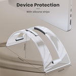 Premium space saving clear laptop holder dock in a multi screen home office setup