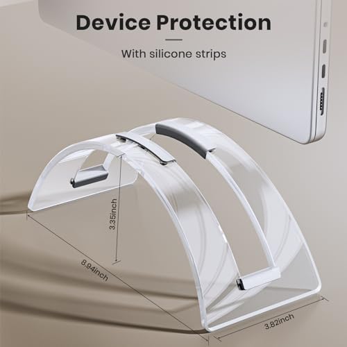 Premium space saving clear laptop holder dock in a multi screen home office setup