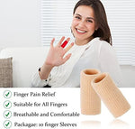 Beige elastic finger cots worn on multiple fingers illustrating snug compression fit and joint protection.
