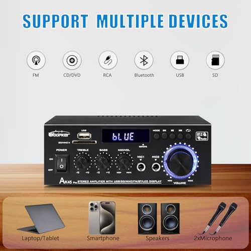 Woopker 2.0 channel mini power amplifier showcasing dual microphone inputs for home karaoke setup.