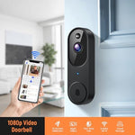 Wireless video doorbell camera demonstrating the infrared night vision sensor array for dark conditions.